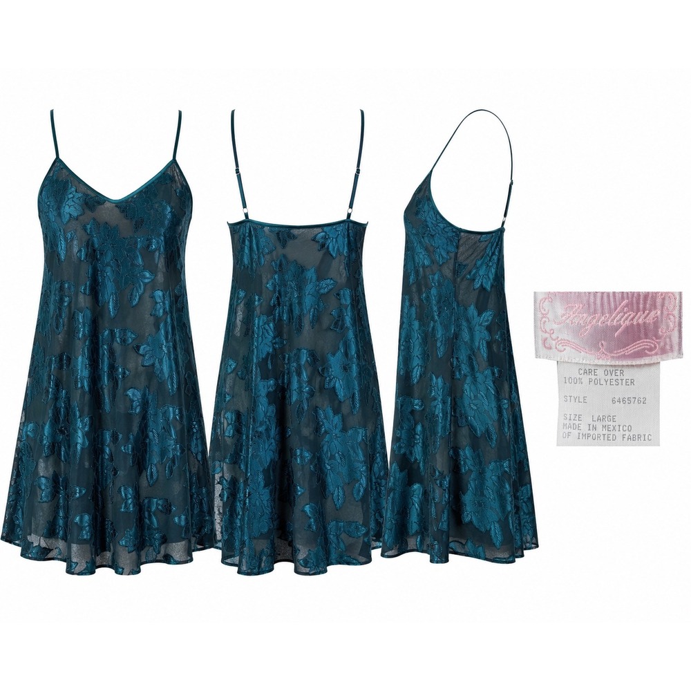 Angelique Nightgown Womens L Green Sheer Leaf Floral Chemise‎ Lingerie Coquette